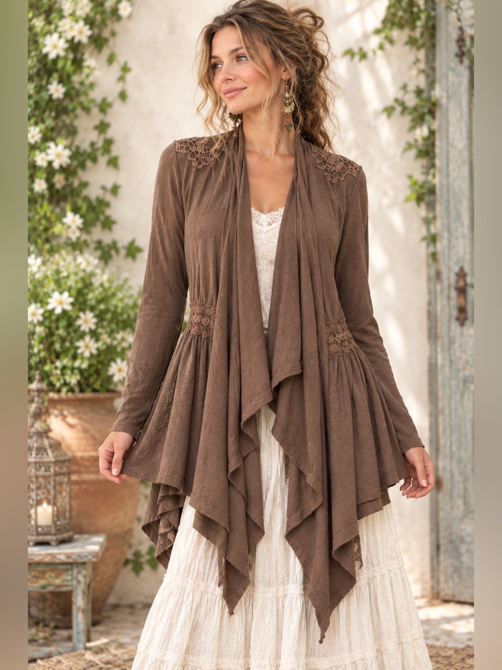 Angel Brown Jacket Cascading Front Gathered Waistline Lace Romantic Lagenlook